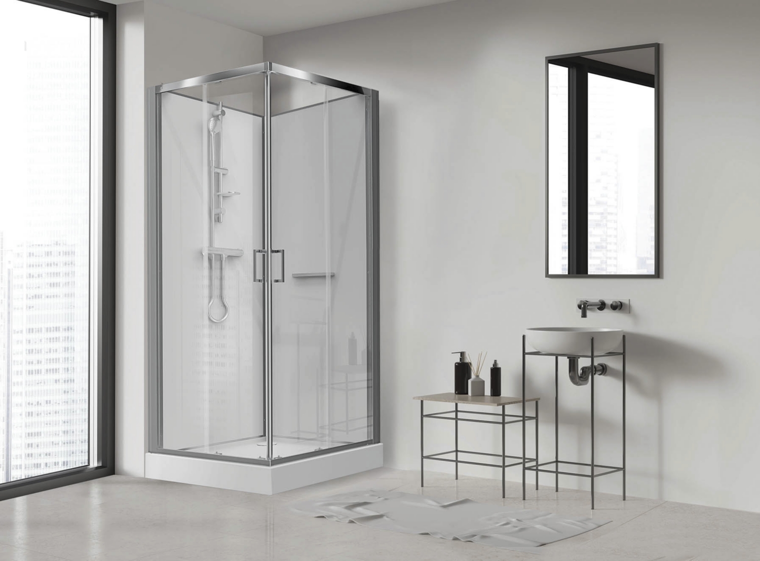 Cabine de douche Kara 2 Confort carrée portes d'angle coulissantes verre transparent - Fond blanc