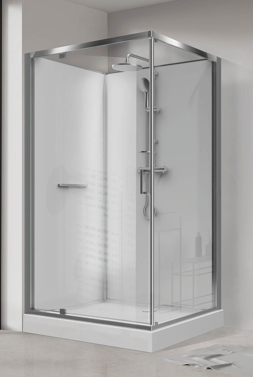 Cabine de douche Kara 2 Avantage carrée porte pivotante verre opaque central - Fond blanc Leda