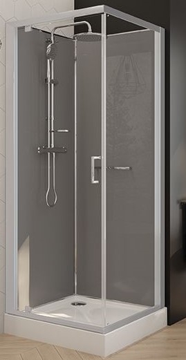 Cabine Kara 2 Confort carrée porte pivotante verre opaque central - Fond gris Leda