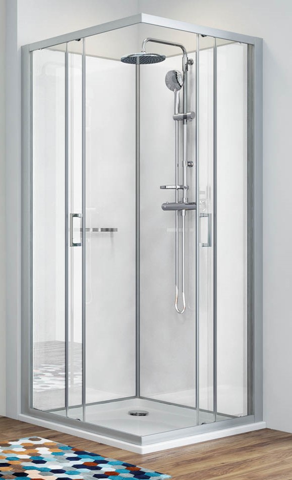 Cabine de douche Kara 2 Minéral Avantage carré porte coulissante montage en angle - Fond blanc Leda
