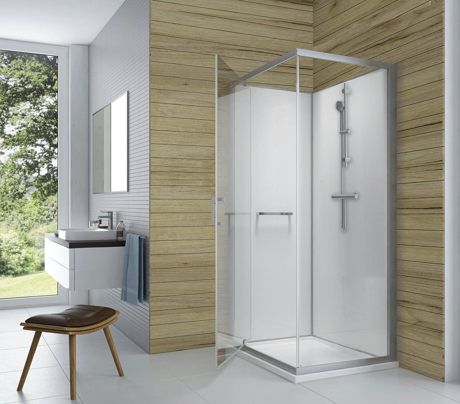 Cabine de douche Kara 2 Minéral Confort carré portes pivotantes verre sérigraphié - Fond blanc