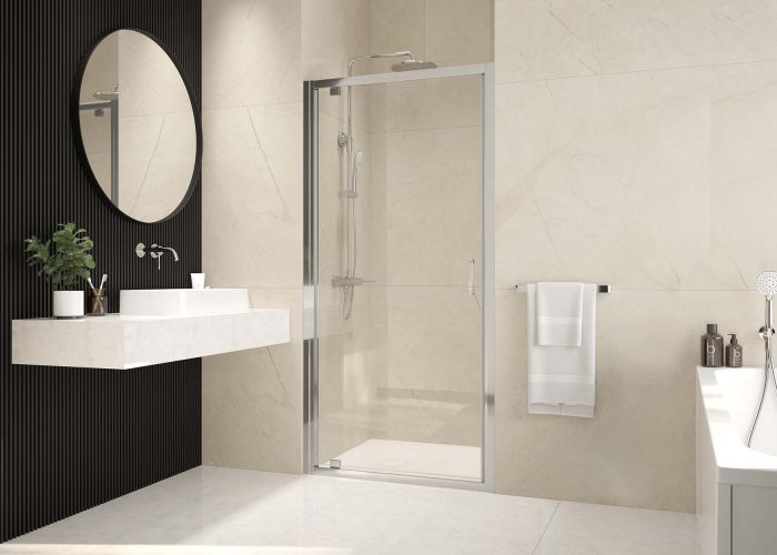 Porte de douche Vista pivotante accès de face - Profil argent brillant verre transparent Leda