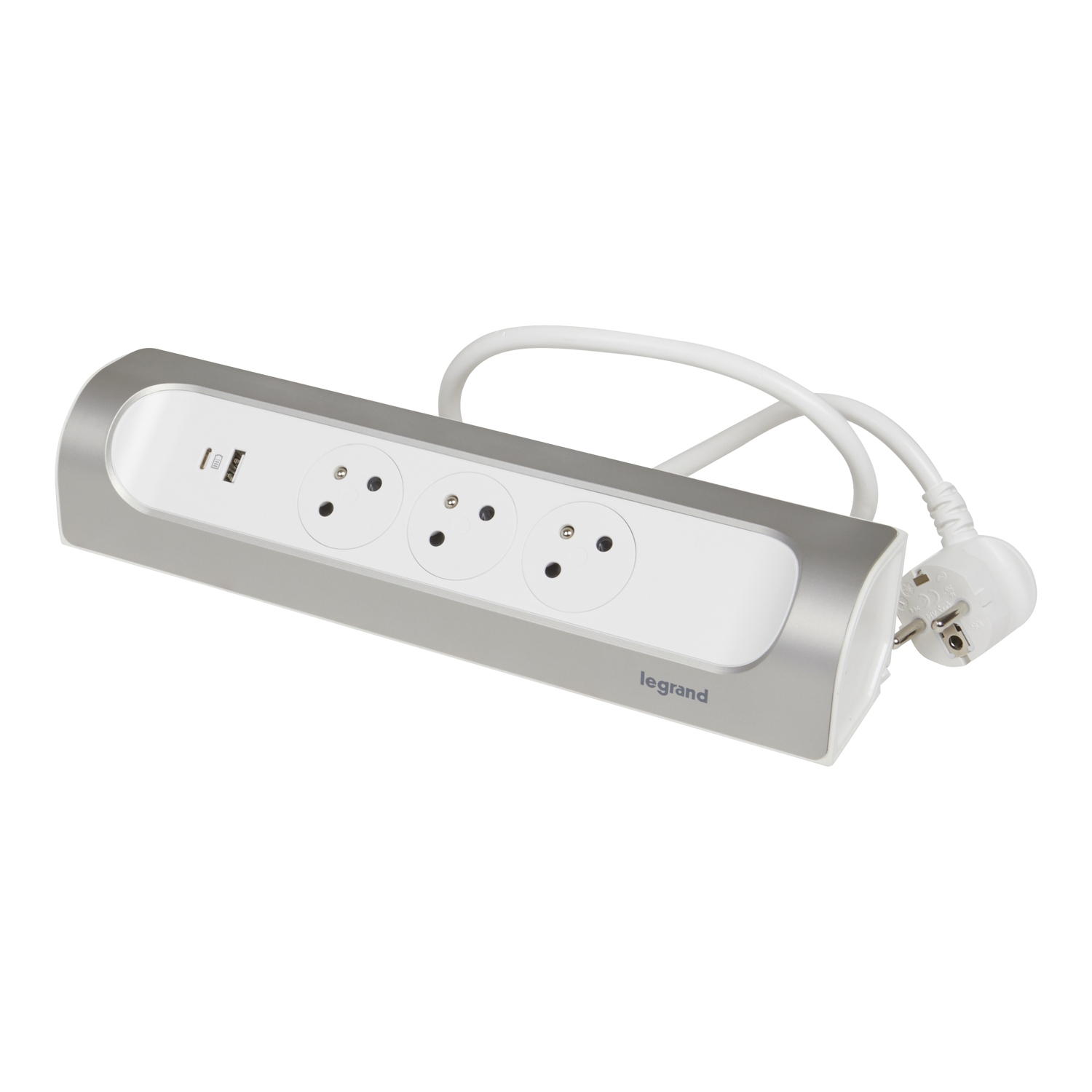 Rallonge d'angle 3x2P+T Surface et USB A+C avec cordon 1m - blanc/alu Legrand