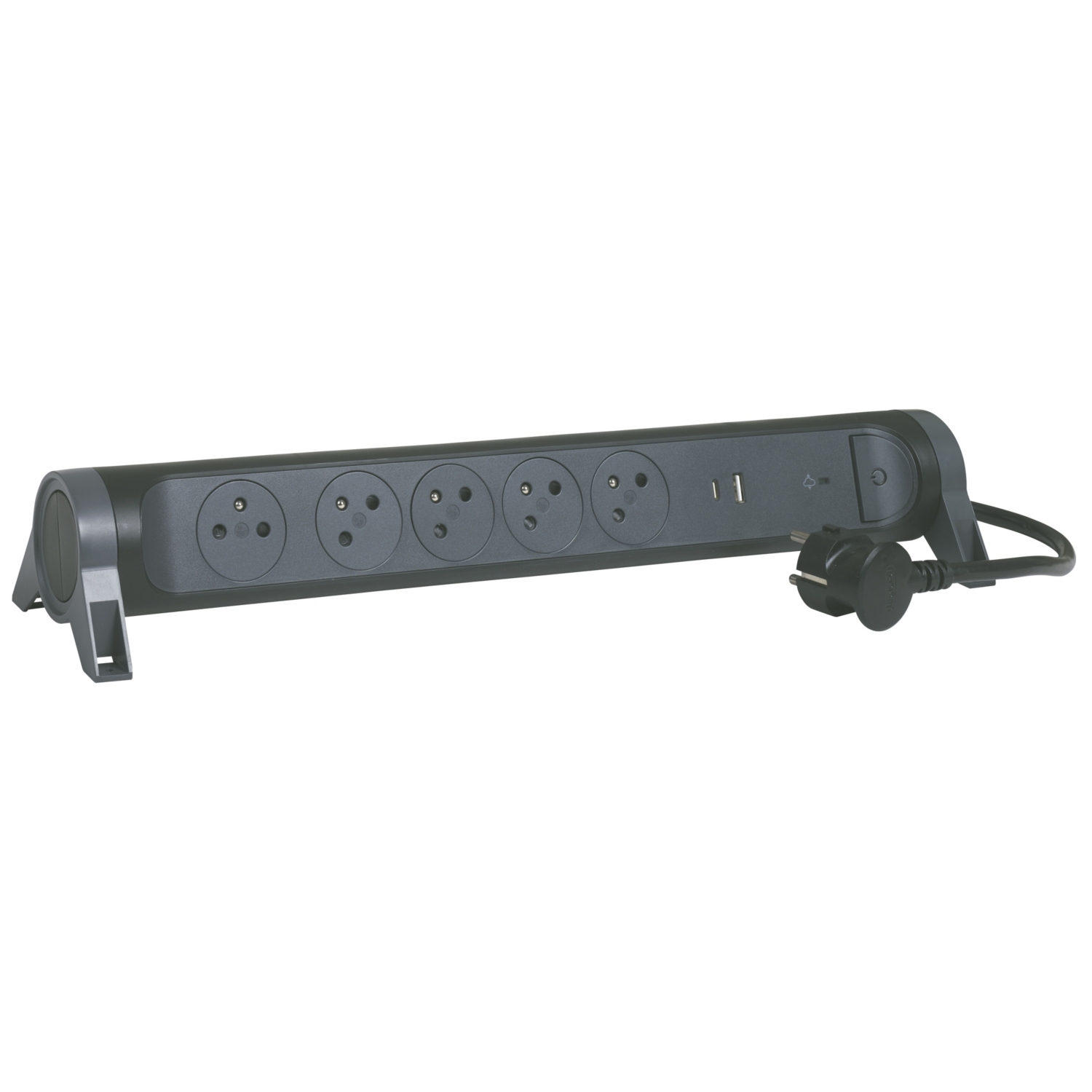 Rallonge 5x2P+T Surface - interrupteur, cordon 1,5m, parafoudre et USB A+C- noir/gris Legrand