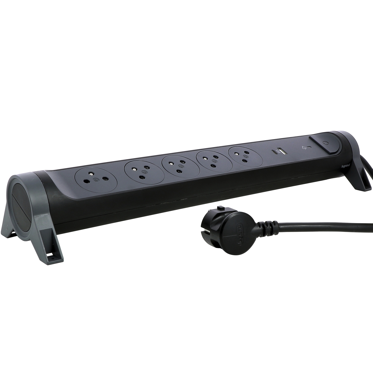 Rallonge 5x2P+T Surface - interrupteur, cordon 1,5m, parafoudre et USB A+C- noir/gris Legrand