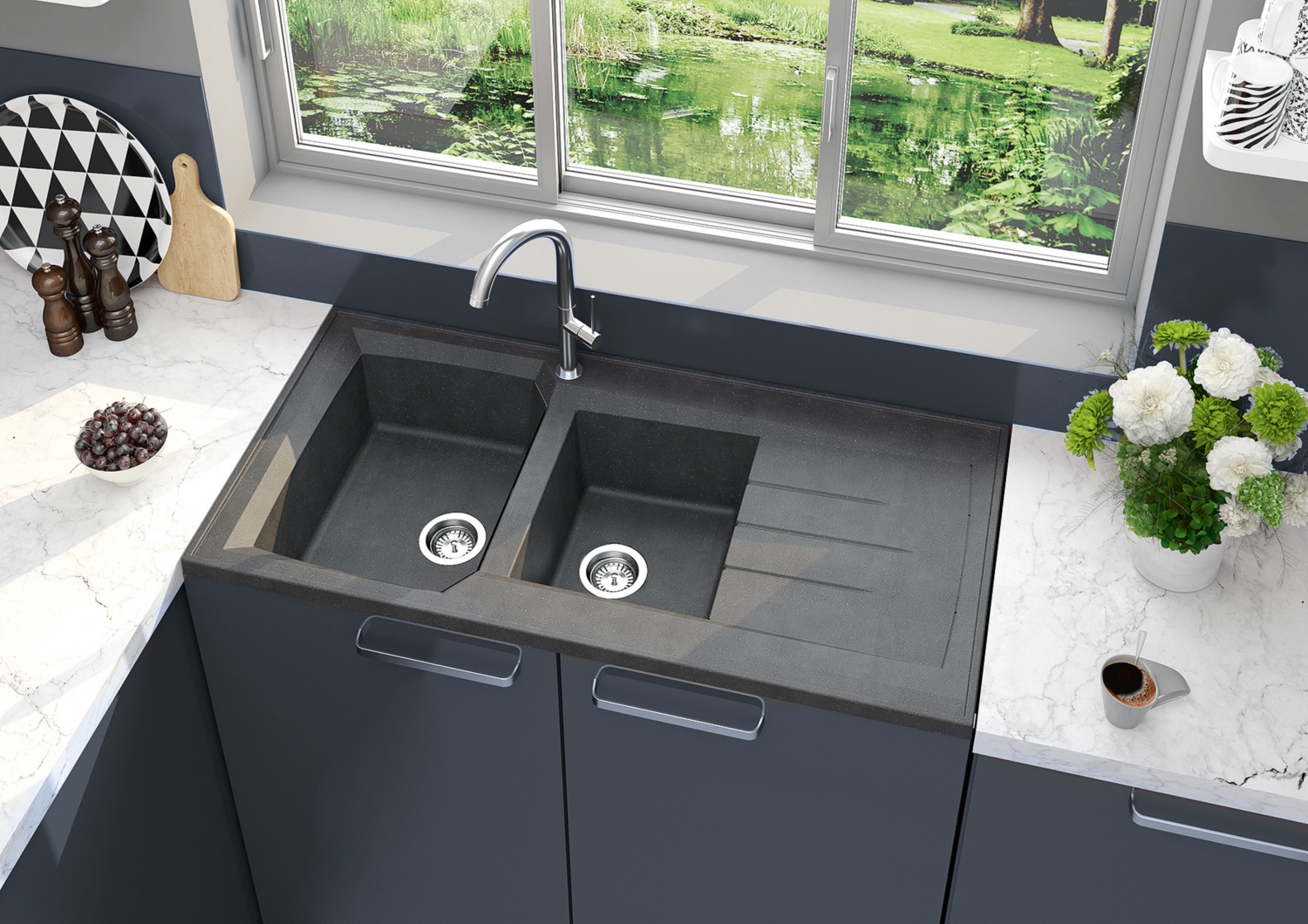 Evier Montréal à poser - 2 cuves 1 égouttoir avec vidage Moderna