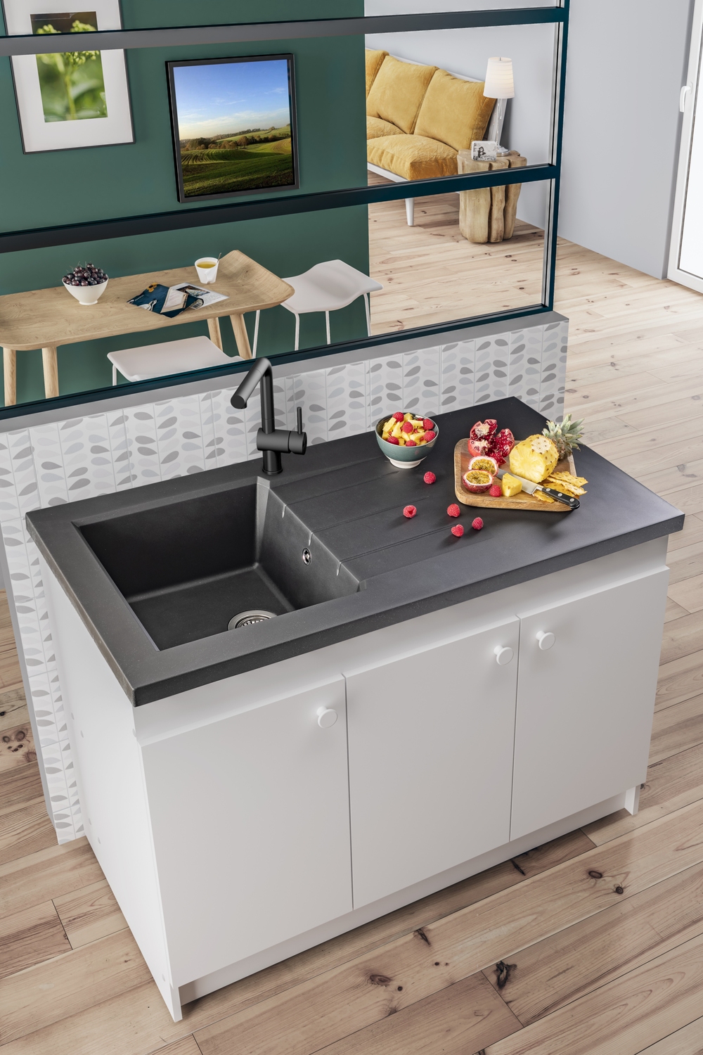 Evier Ontario à poser - 1 cuve 1 égouttoir avec vidage Moderna