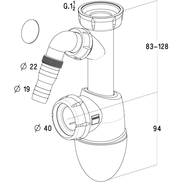 Siphon évier bi-matière BM53 avec prise machine à laver 224360 Nicoll