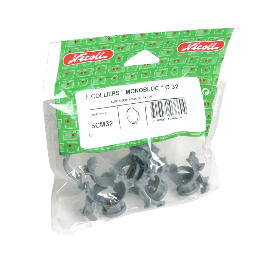 Lot de 5 colliers monobloc sous sachet 40 mm Nicoll