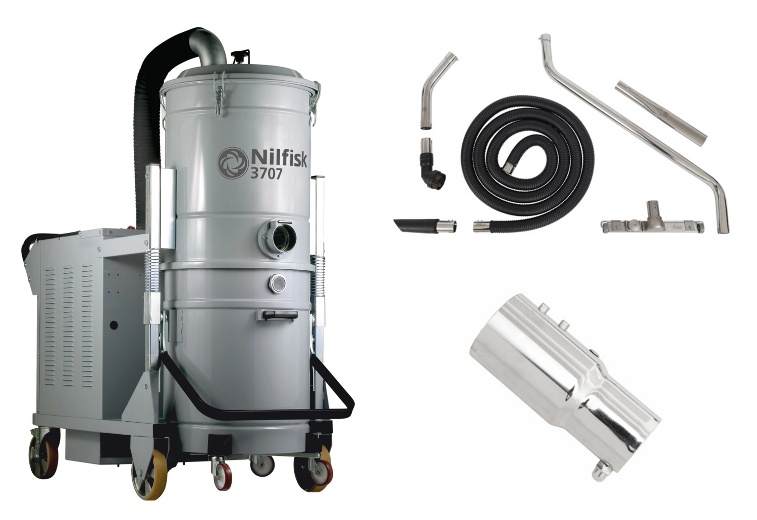 Aspirateur industriel triphasé à eau et poussière + Réducteur en acier inox + Kit d'accessoires complet Exa avec flexible conducteur pur