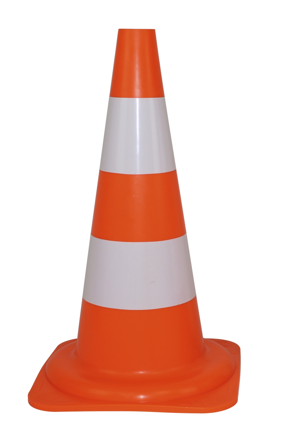 Cone de signalisation en plastique (polyéthylène) de couleur rouge  fluorescent avec 2 rayures blanches