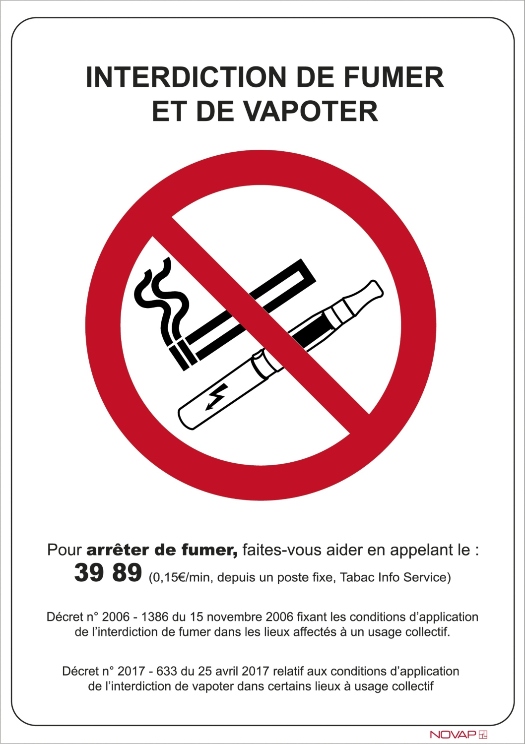 Panneau interdiction de fumer et de vapoter Novap