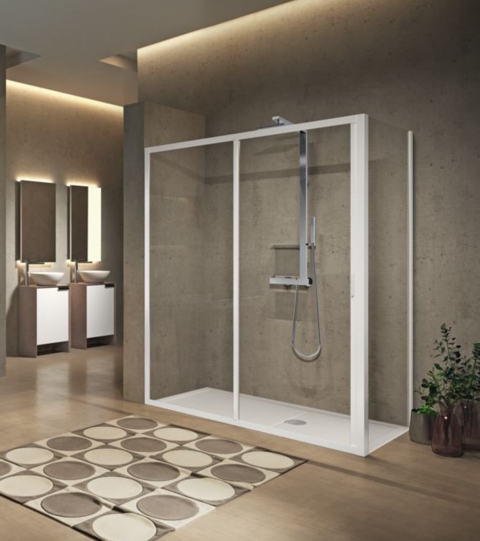 Porte de douche Lunes 2.0 2P coulissante accès de face - Profil blanc verre transparent Novellini