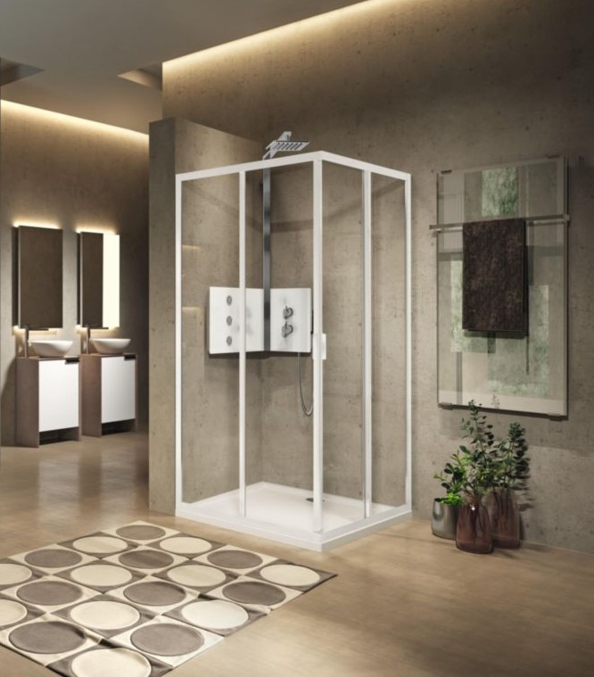 Porte de douche Lunes 2.0 A coulissante accès d'angle - Profil blanc verre transparent Novellini