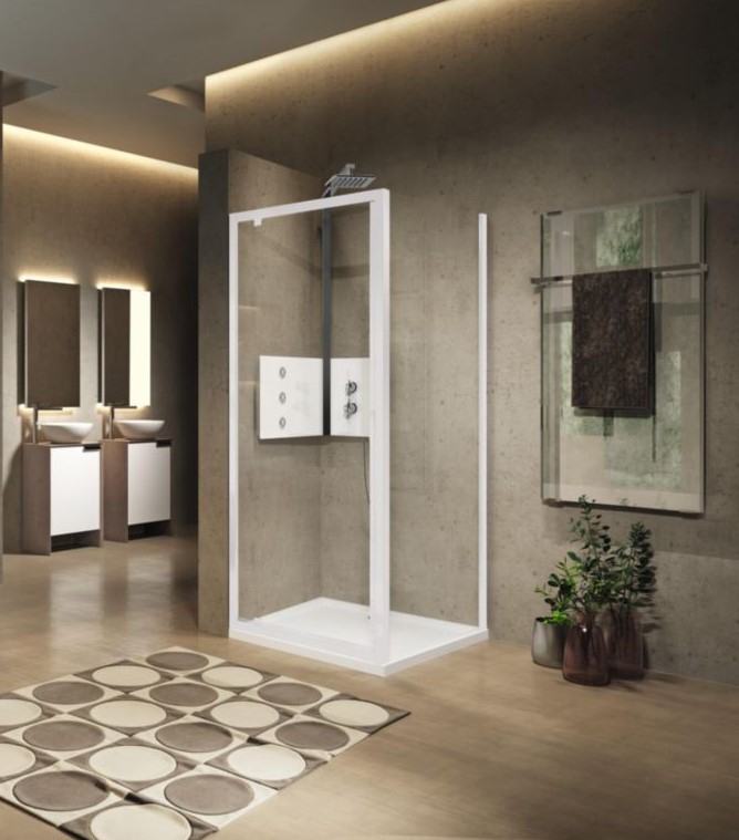 Porte de douche Lunes 2.0 G pivotante totale accès de face - Profil blanc verre transparent Novellini