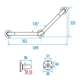 Barre d'appui coudée Ø 33 mm poly aluminium 135° 46220 Pellet