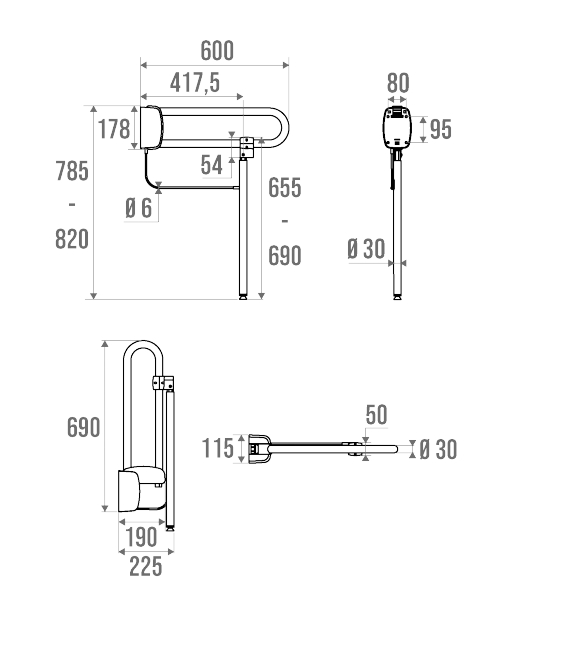 Barre d'appui relevable aluminium époxy blanc - Avec béquille 48859 Pellet
