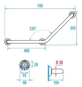Barre d'appui coudée 135° Ø 30 mm aluminium époxy 49270 Pellet