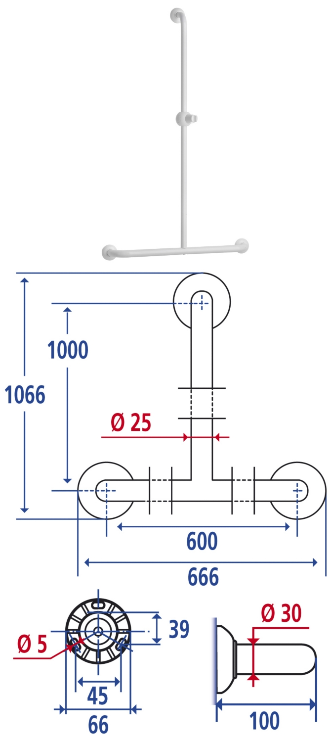 Barre en T 60 x 100 cm avec support douchette tube en aluminium époxy blanc  réf. 049340 - SANITAIRE ET CHAUFFAGE