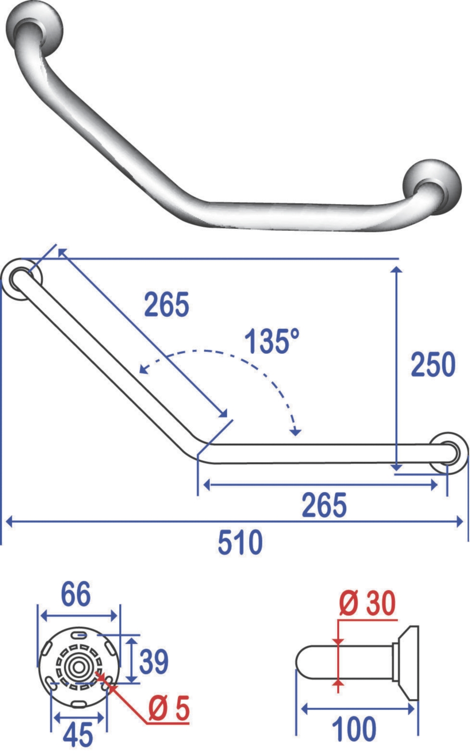 Barre d'appui coudée 135° Ø 30 mm inox brossé Pellet