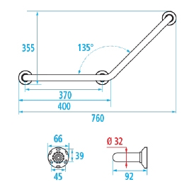 Barre d'appui coudée 135° Ø 32 mm 3 points de fixation laiton chromé 381535 Pellet