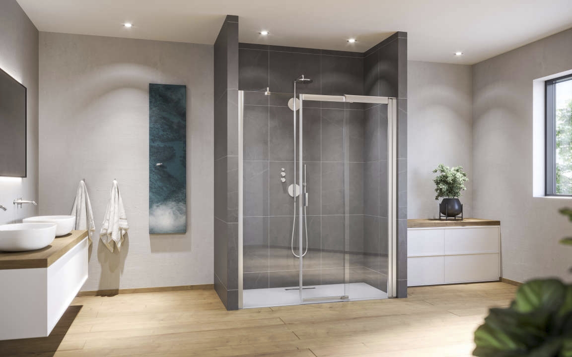 Paroi fixe en alignement pour porte Melina montage en niche profil argent poli verre transparent Roth France