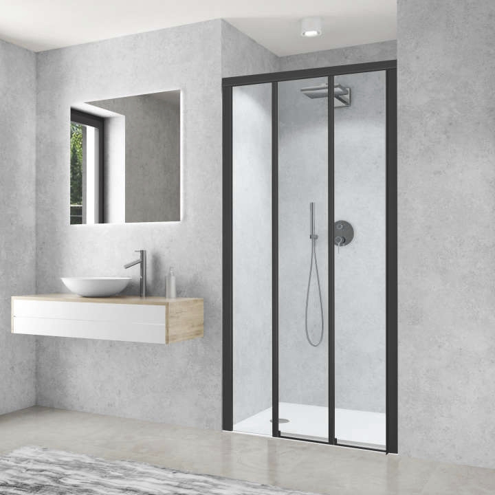 Porte de douche Cariba coulissante 3 volets accès de face - Profil noir verre transparent