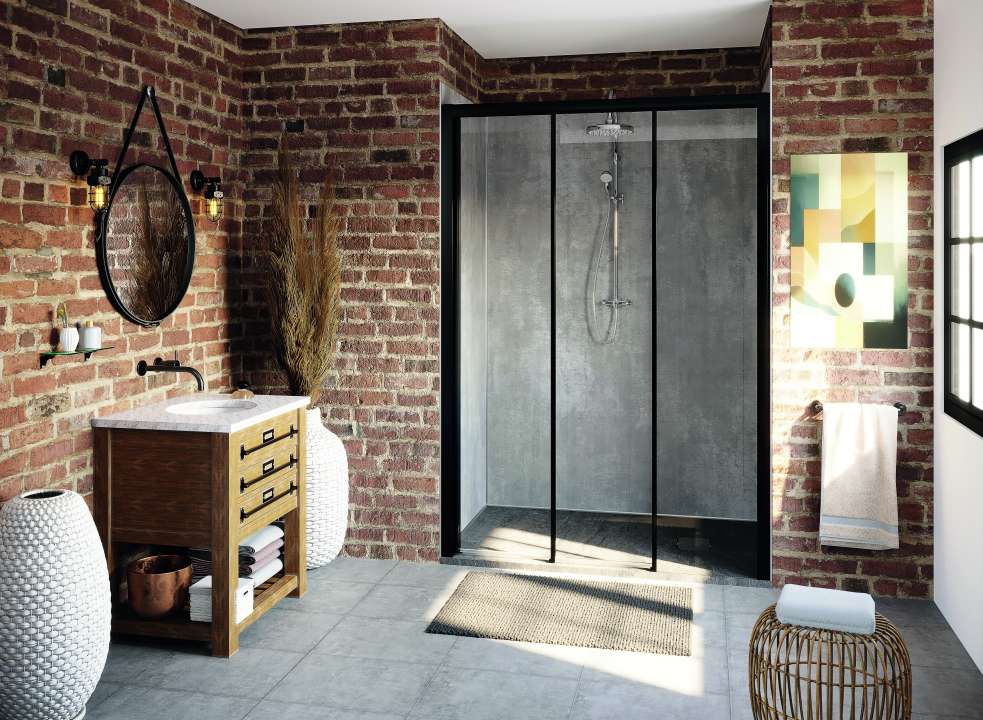 Porte de douche Cariba coulissante 3 volets accès de face - Profil noir verre transparent Roth France