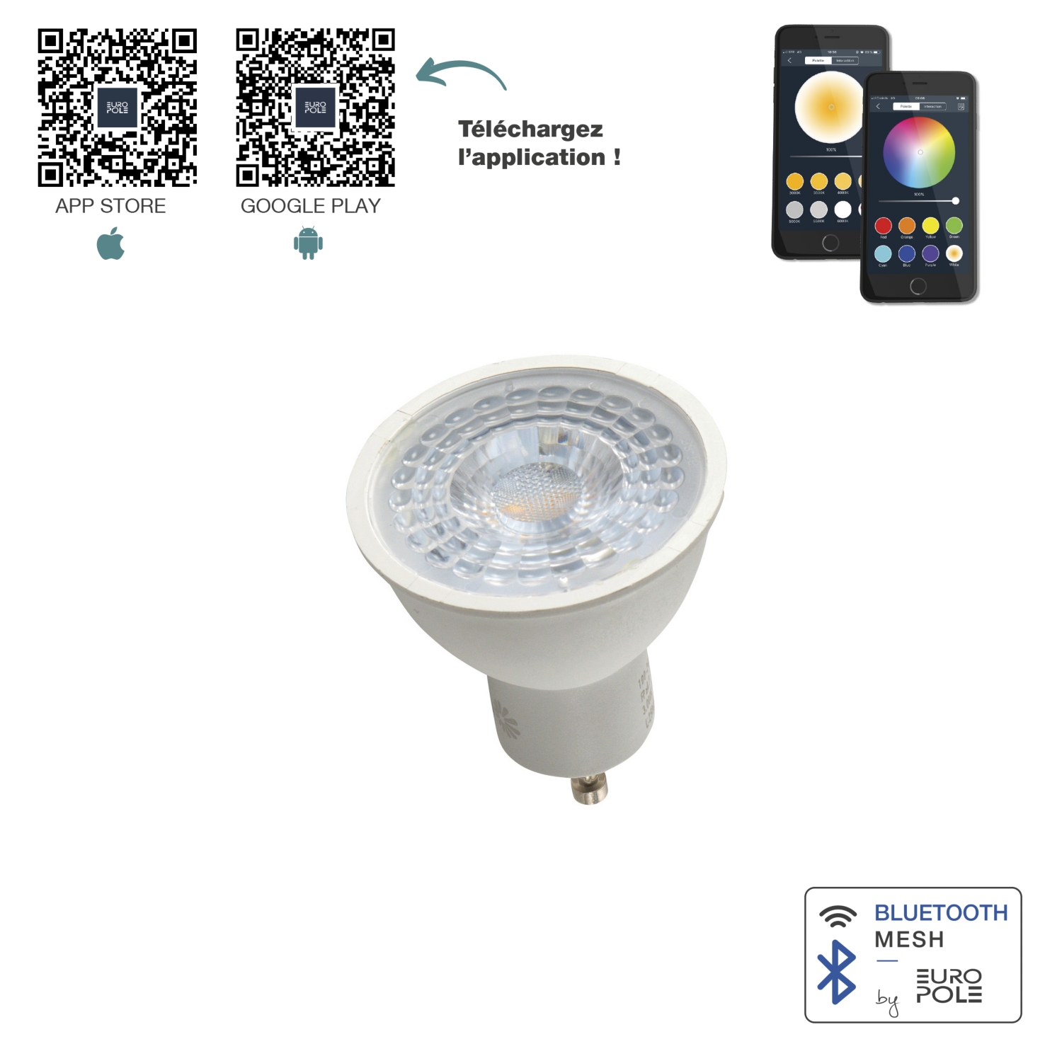Lampe LED GU10 38° bluetooth mesh RGBW Europole
