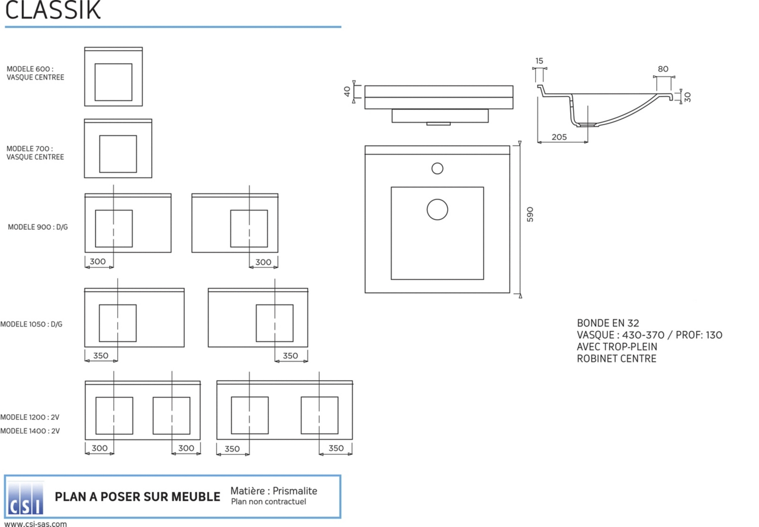 Plan vasque Classik en Prismalite Stratus