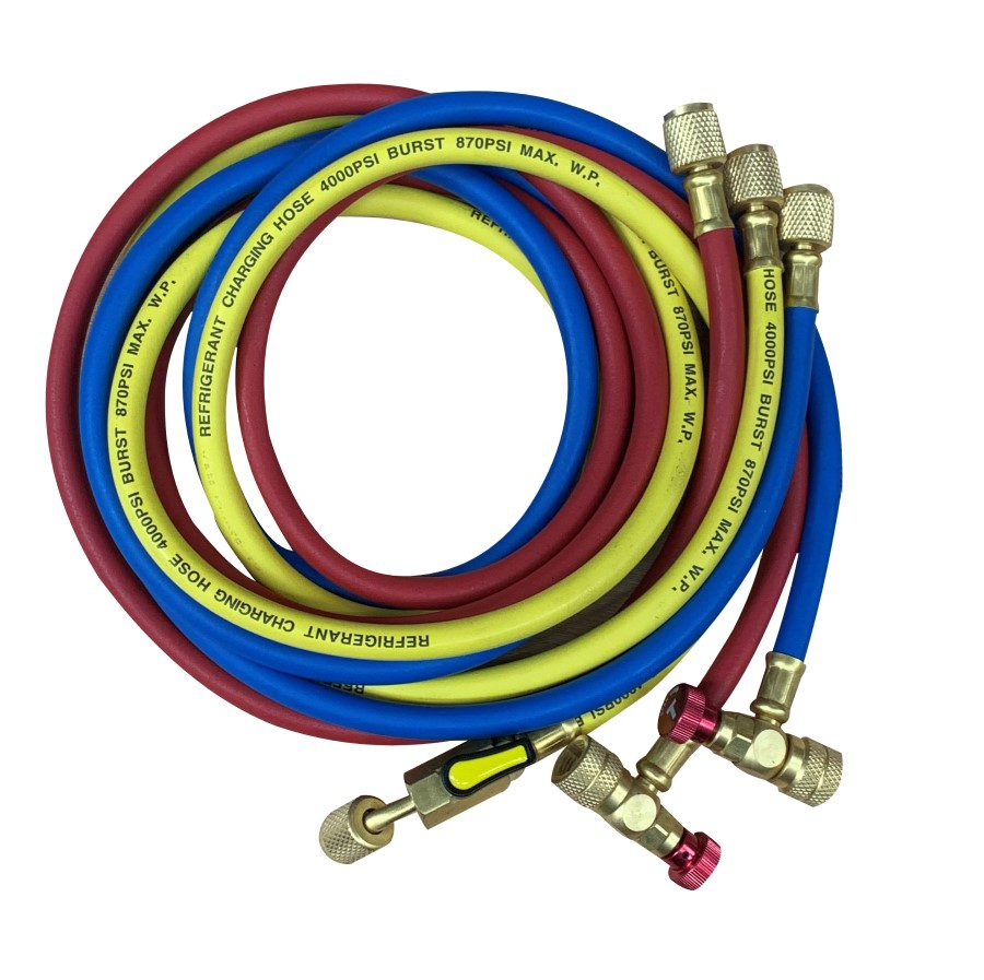 Lot 3 flexibles 180 cm 1/4"-5/16" rouge-jaune-bleu avec vannes