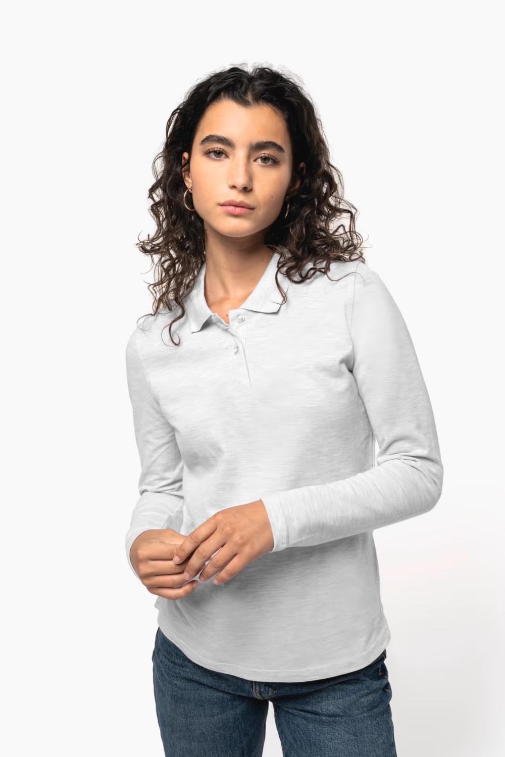 Polo coton femme K244C manches longues gris chiné TopTex
