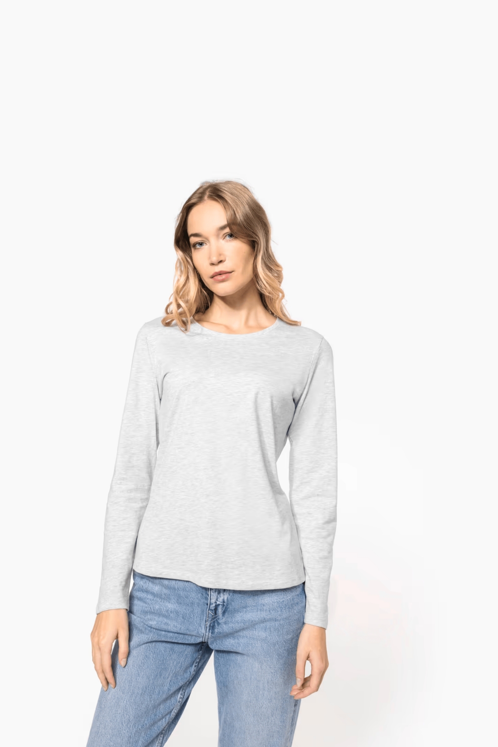 T-shirt coton femme K383C col rond manches longues gris chiné TopTex