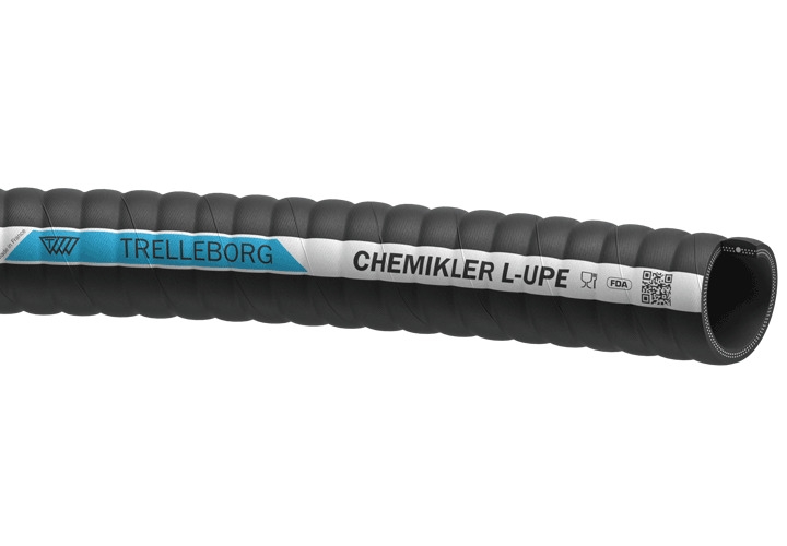 Tuyau Chemikler UPE revêtement EPDM aspect grain toilé noir bande blanche et bleu Trelleborg
