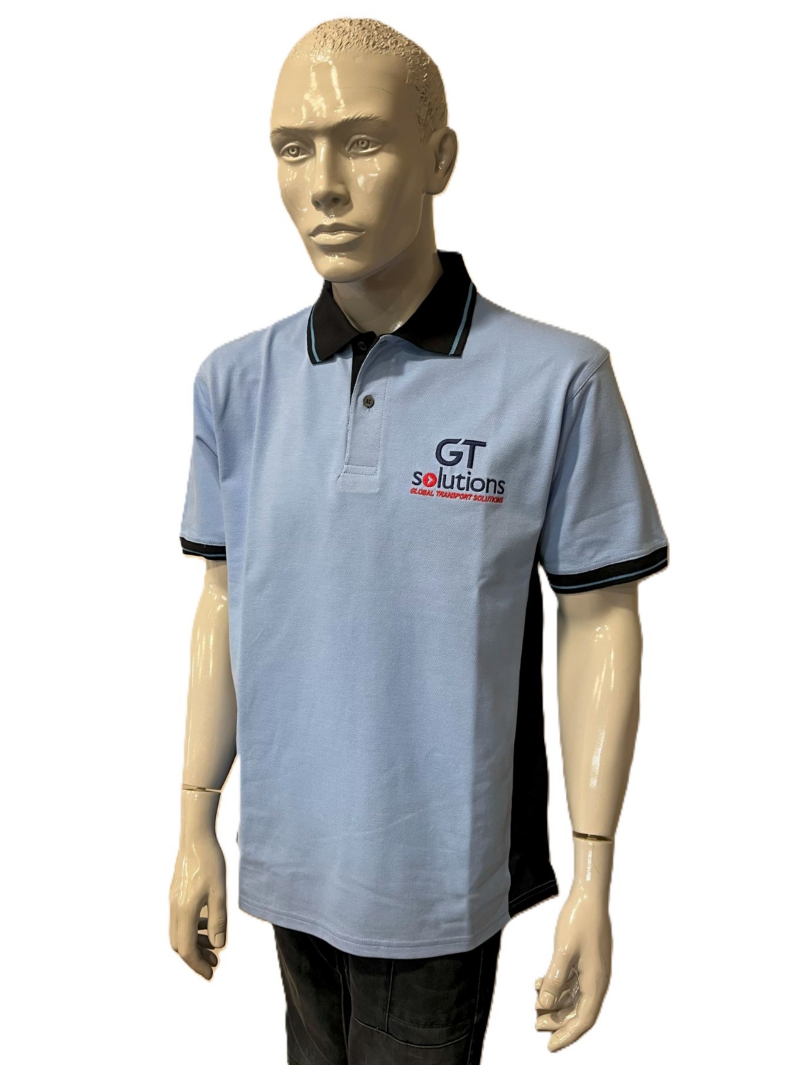 Polo coton polyester mixte POMC1269 col en bord-côte manches courtes bleu ciel / marine - Marquage GT Solutions