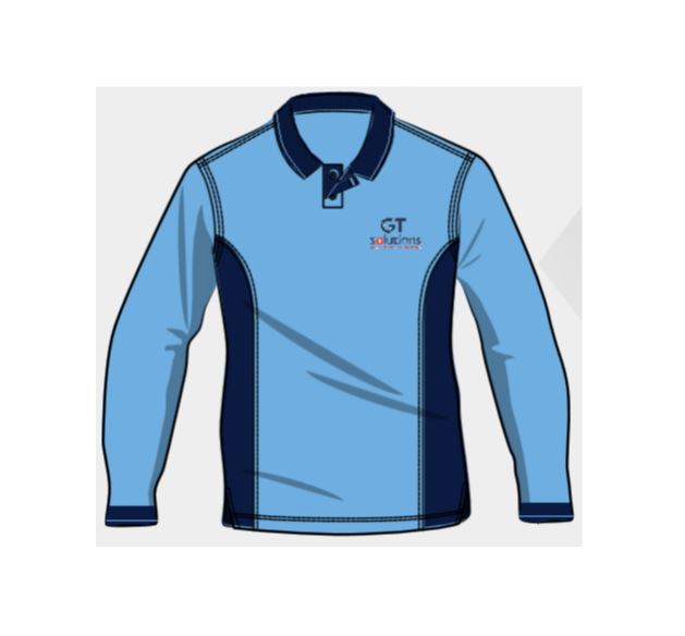 Polo coton polyester mixte POML2214 col en bord-côte manches longues bleu ciel / marine - Marquage GT Solutions