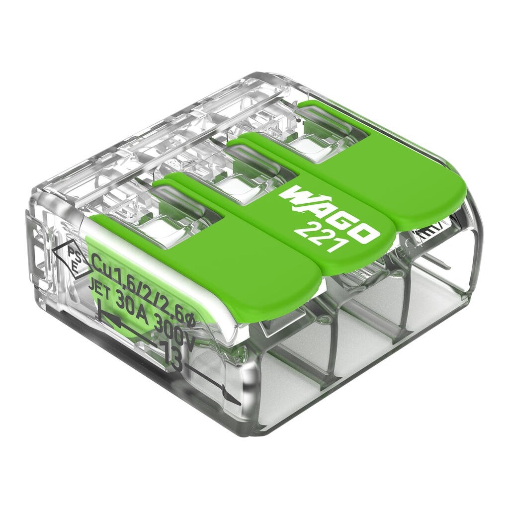 Borne 221 gamme verte à levier souple et rigide - 6 mm² Wago