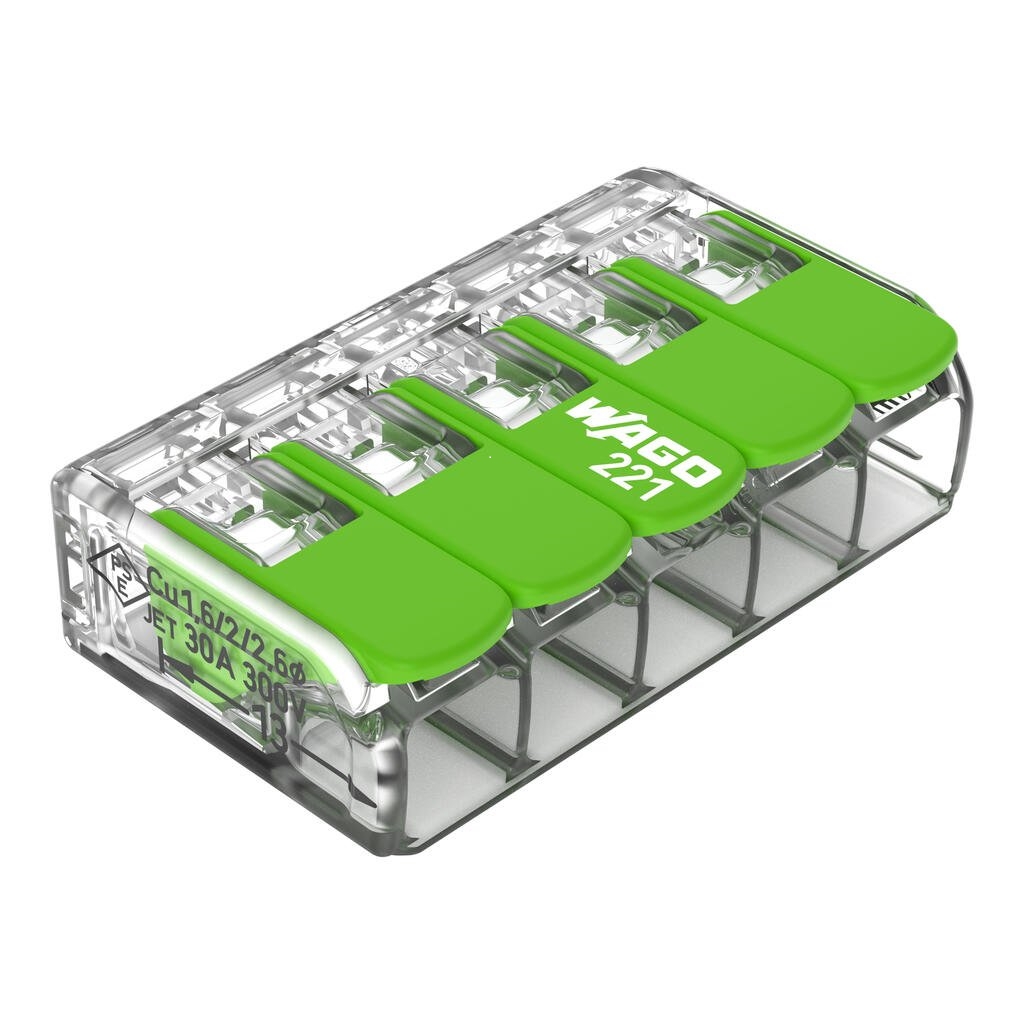 Borne 221 gamme verte à levier souple et rigide - 6 mm² Wago