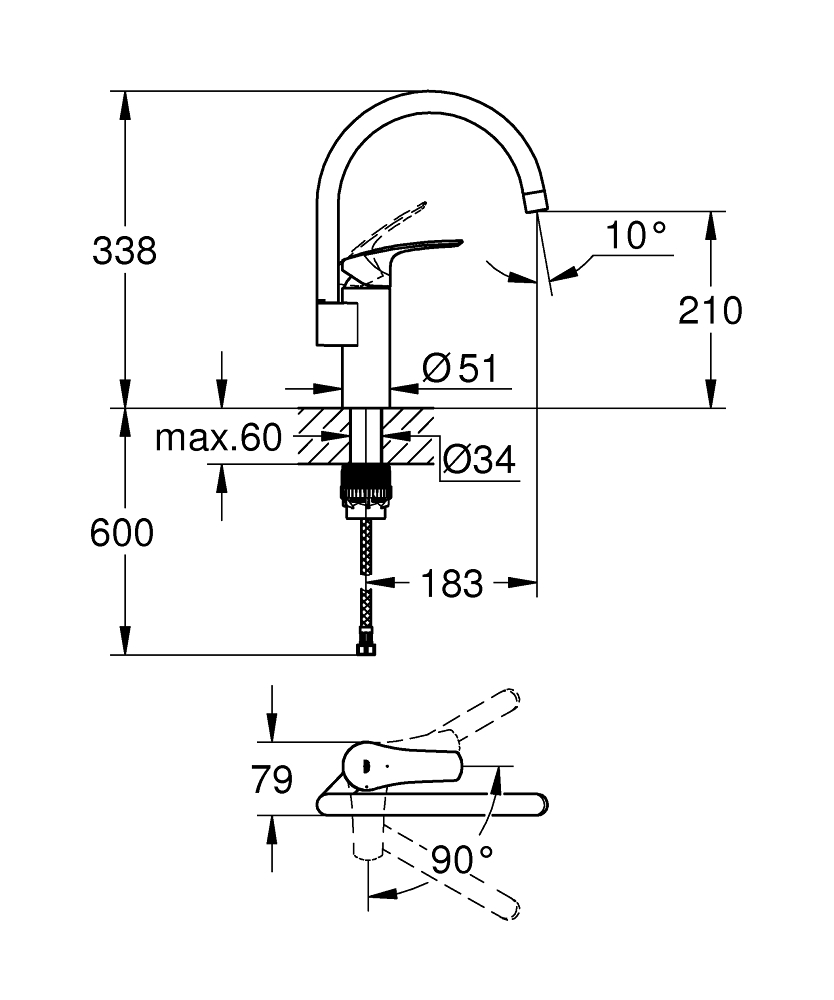 Mitigeur évier Eurosmart - Bec haut 32223003 Grohe