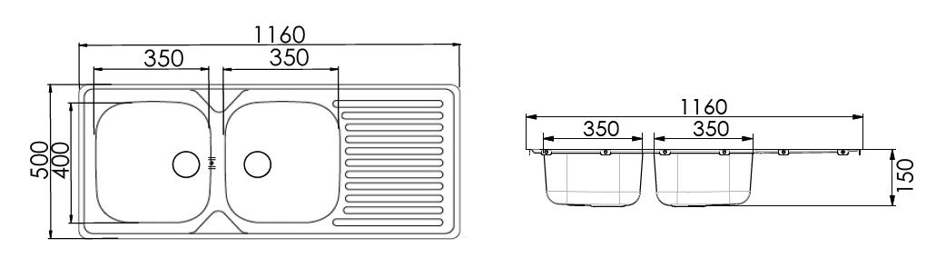 Evier Eco à encastrer - 2 cuves 1 égouttoir - Inox toilé - Sans vidage Moderna