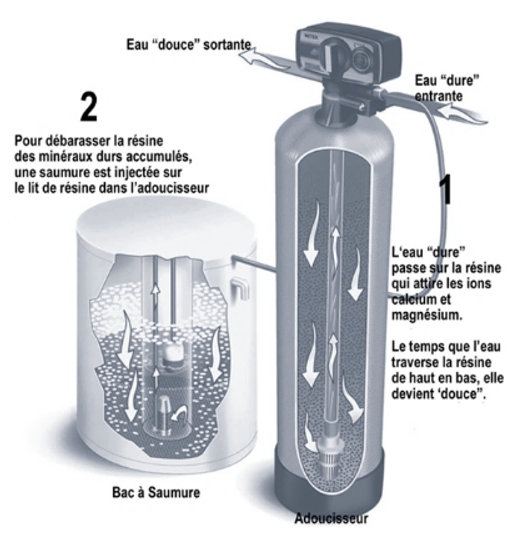 explication schématique du fonctionnement d'un adoucisseur d'eau